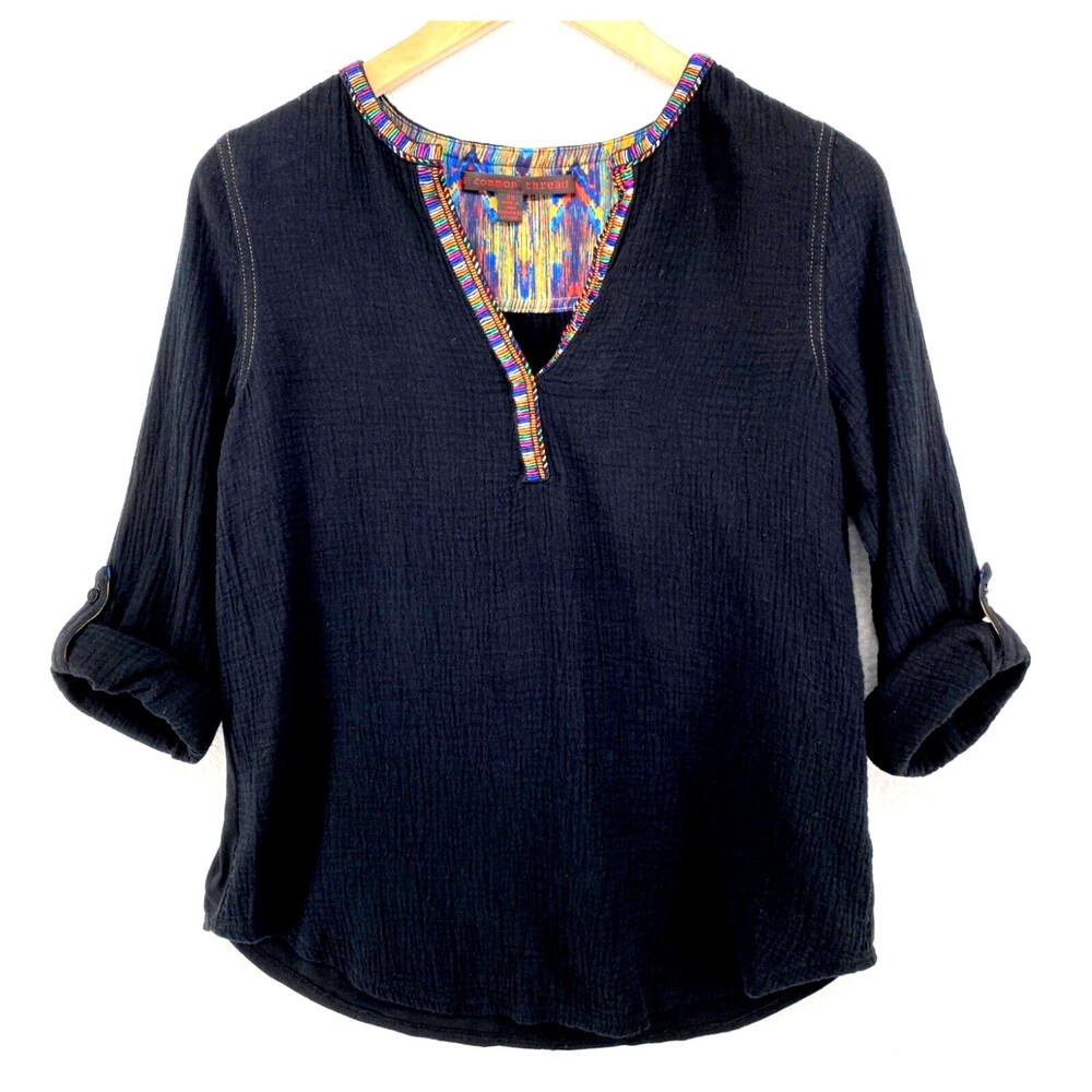 Common Thread S Black Gauze Peasant Blouse Embroidered Trim Boho Tunic Top Shirt